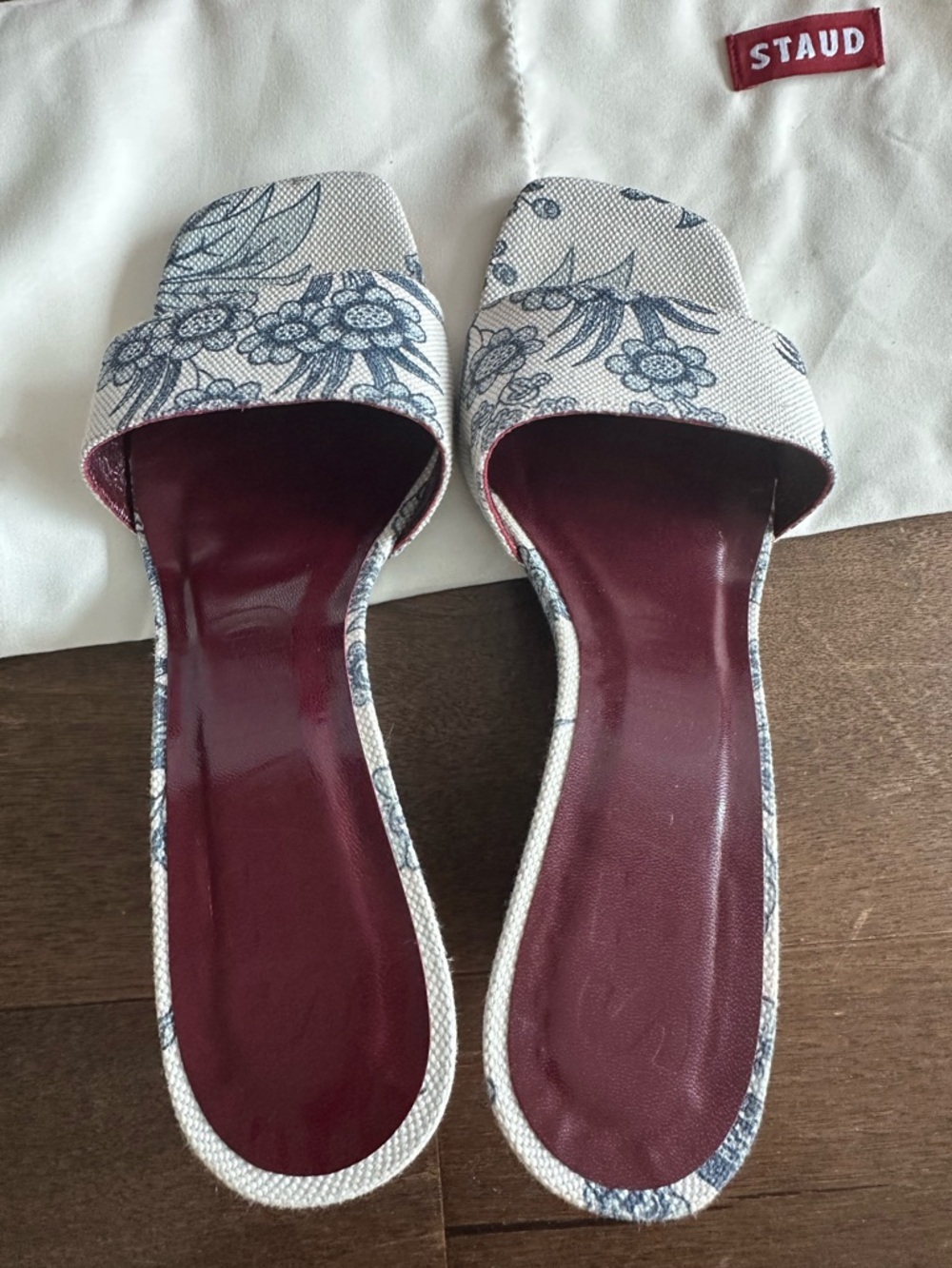 STAUD Cream and Blue Floral Canvas Wedge Sandals - Picture 8 of 10
